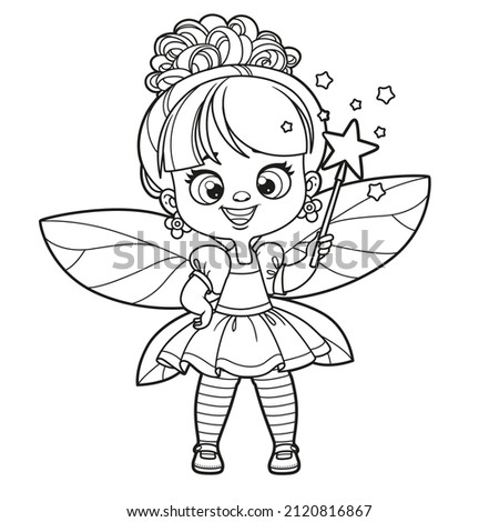 Cute cartoon little fairy with a magic wand outlined for coloring on white background