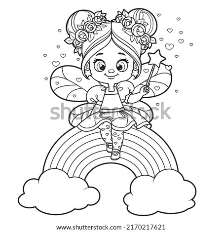 Cute cartoon little fairy casts spell with magic wand and sit on a rainbow outlined for coloring on white background