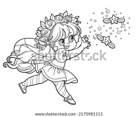 Cute cartoon little fairy running chasing the stars outlined for coloring on white background