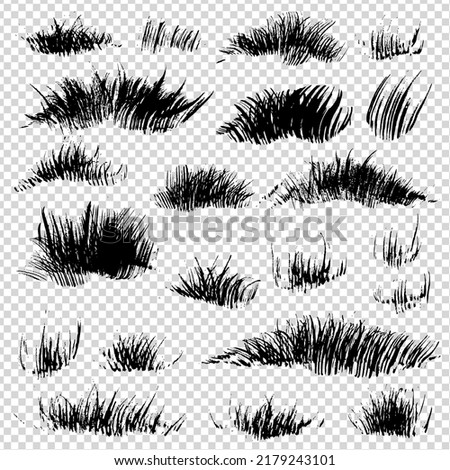 Black abstract different shapes grass or  fur thick brush textured strokes on imitation transparent background