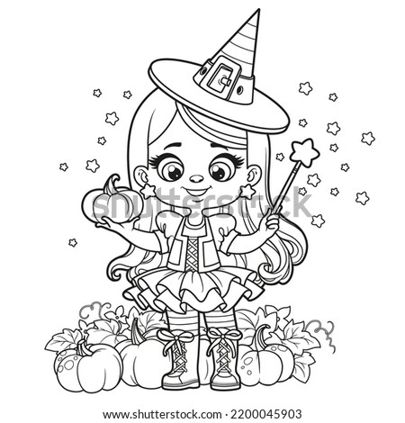 Cute cartoon girl in a Halloween witch costume with pumpkins and magic wand outlined for coloring page on white background