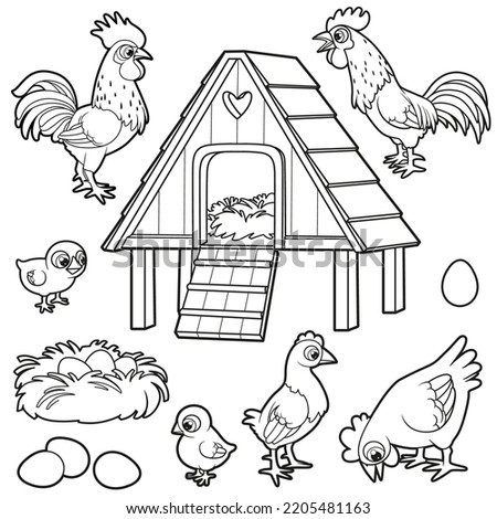 Big set of coop hens, roosters chicks eggs and nest outlined for coloring book on white background