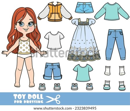 Cartoon brunette girl  and clothes separately - summer dress, long sleeve, shirt, shorts, sandals, jeans and sneakers doll for dressing