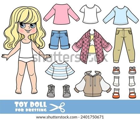 Cartoon blong girl with wavy hair and clothes separately -   long sleeves,  shirts, jeans and sneakers