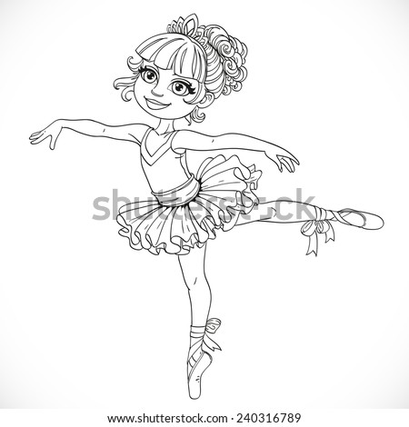 Little Ballerina Girl Dancing In Ballet Tutu On One Leg Outlined ...