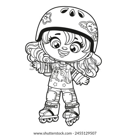 Cute cartoon girl in a helmet and wearing protective gear on roller skates outlined for coloring page on white background. Image produced without the use of any form of AI software at any stage.