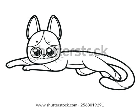 Cute cartoon spotted kitten lying stretched out to his full height outlined for coloring page on white background. Image produced without the use of any form of AI software at any stage.