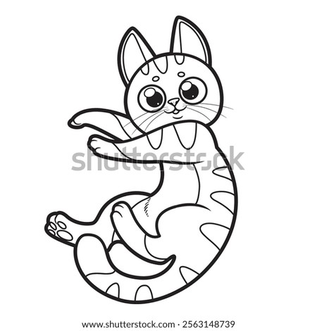 Cute cartoon kitten lying stretched out to his full height outlined for coloring page on white background. Image produced without the use of any form of AI software at any stage.
