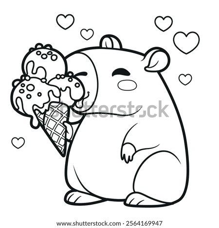 Cute cartoon capybara eating ice cream outlined for coloring page on white background. Image produced without the use of any form of AI software at any stage.