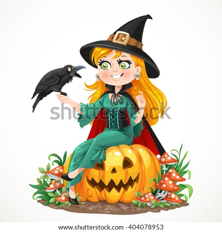 Beautiful Witch Sitting On A Pumpkin And Talks To The Black Raven Isolated White Background