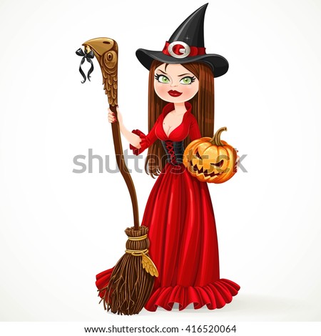 Beautiful Witch In A Red Dress Holding Broom For Flying And Pumpkin Isolated On