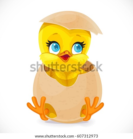 Cute little cartoon chick hatched from an egg isolated on a white background