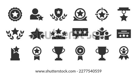 Set with award, award with number 1, one, trophy cup, trophy cup with star winner medal, trophy star, user with rating vector icon 