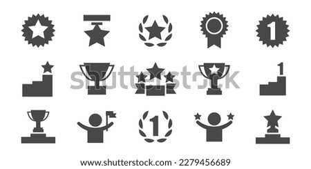 Set with award, award with number 1, one, trophy cup, trophy cup with star winner medal, trophy star, user with rating vector icon 