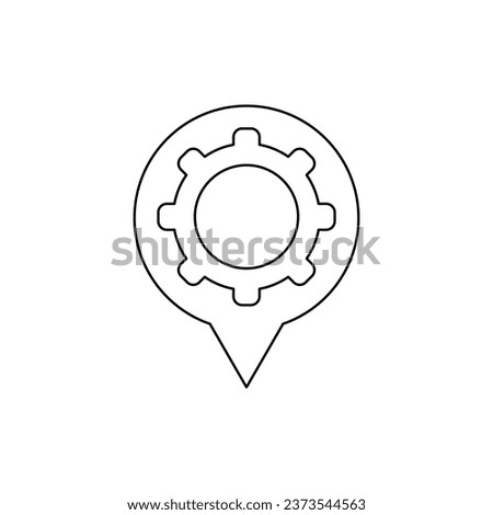 Map pin with gear, cog vector line icon