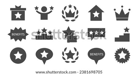 Benefits, award, winner star vector icon set