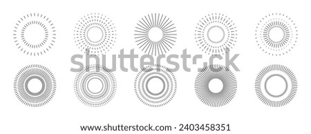 Round sunburst, line radial frame icon set	