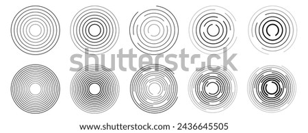 Set of concentric ripple circles vector set. Radial signal, sonar wave, soundwave icon