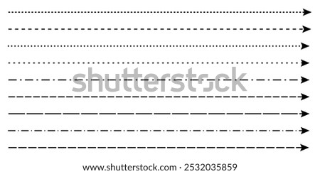 Set of long straight dash line arrows vector illustration