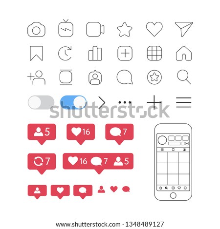 Social media interface set outline buttons elements instagram icons: like share home comment add turn on turn off search video photo tv save rate home. smart phone instagram mock up