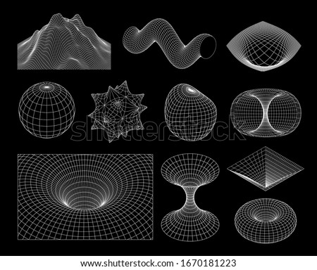 Set of wireframe geometric shapes in different shapes on a white background. Geometric shapes from the black lines. Polygonal shapes for your projects. 3D. Vector illustration.