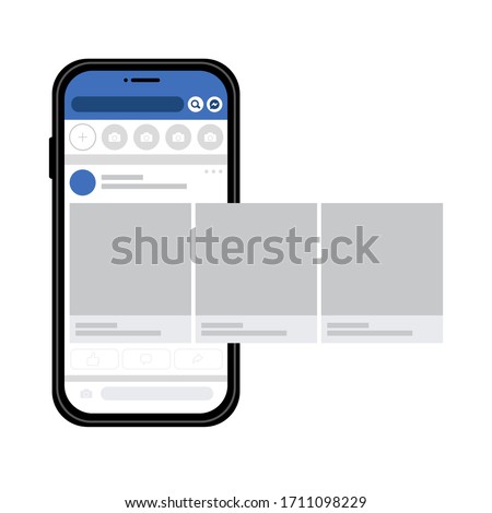 Smartphone with social media interface, photo carousel post on social network. Mock up of basic user newsline. Vector illustration