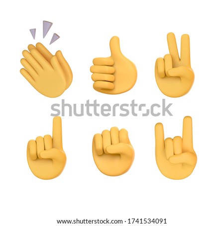 Set of hands gesture icons and symbols. Emoji hand icons. Different gestures, hands, signals and signs, 3d illustration. character yellow hands collection. Rating feedback symbols.  Claps, victory