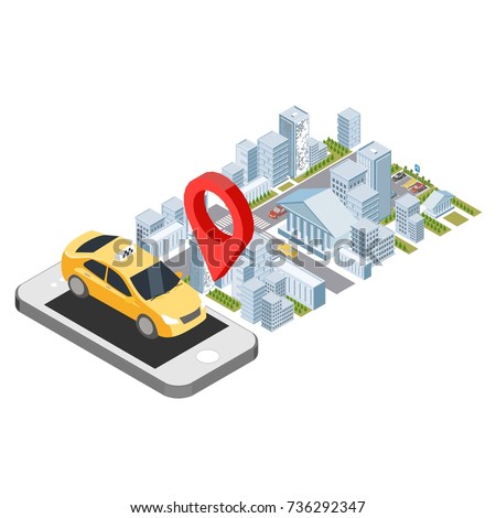 isometric online order city taxi concept smart phone order uber with the pin location
