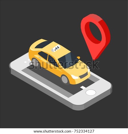 taxi isometric concept  with the pin location design, vector illustration, EPS10