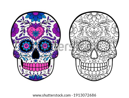 Sugar skull - coloring book page with coloring example. Halloween