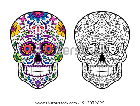Hand drawn Mexican sugar skull with flowers pattern. Floral skull on white background. Coloring page for adult.