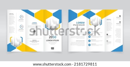 Minimal and modern trifold brochure template with blue and yellow stripes and hexagon shapes, trifold flyer layout, pamphlet, leaflet