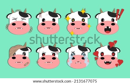 Cute cow emoji with variety of facial expressions. vector illustration