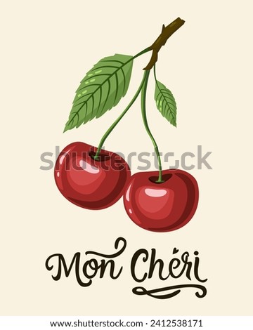 Realistic vector Illustration of a Bunch of Cherries, red Cherry Berries poster, with text in French 