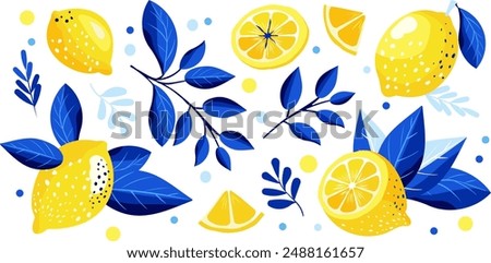 Cute vector set of lemon pattern in yellow and blue colors. Tropical fruit slice, fresh green leaves, yellow lemons on a blue background.