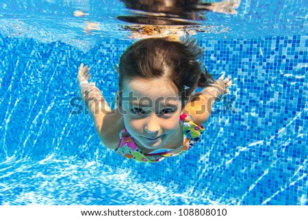 Happy smiling underwater child in swimming pool, beautiful girl swims and having fun. Kids sport on family summer vacation. Active holiday