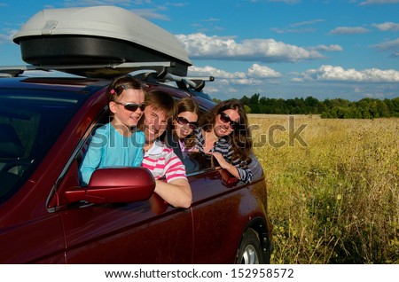 Family vacation, car trip on summer, happy parents travel with kids and having fun, car insurance concept