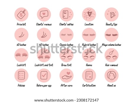 Highlights cover backgrounds. Eyelash and eyebrows beauty business vector icons bundle
