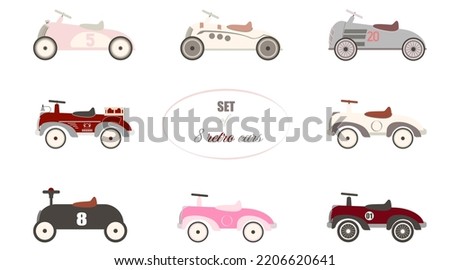 Collection of cars for kids, set of retro riders for baby. Vintage vector illustrations ride-ons	
