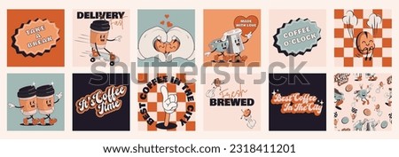 Coffee retro cartoon fast food posters and cards. Comic character slogan quote and other elements for burger bar restaurant. Social media templates stories posts. Groovy funky vector illustration.
