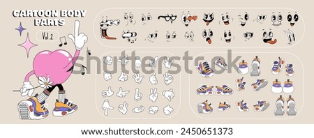 Set of 70s groovy comic elements. Collection of body parts cartoon character faces in different emotions, hand, glove, shoes sneakers. Cute retro groovy hippie illustration for decorative, sticker.