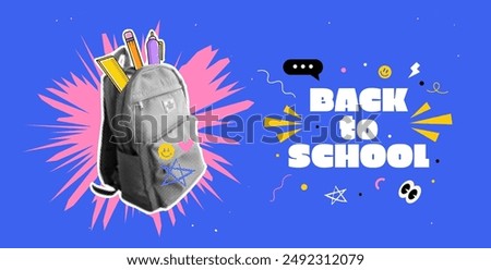 Back to school banner. Trending halftone collage style. Learning Concept. School backpack with stationery supplies