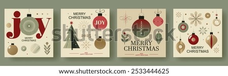 Set of Four Minimalist Retro Style Christmas Greeting Cards with Joy, Merry Christmas, Christmas Tree, Ornaments, and Snowflakes on a Soft Color Palette of Red, Green, Beige, and Gold