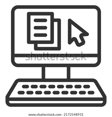 Monitor, keyboard, on monitor screen cursor and text file - vector sign, web icon, illustration on white background, outline style