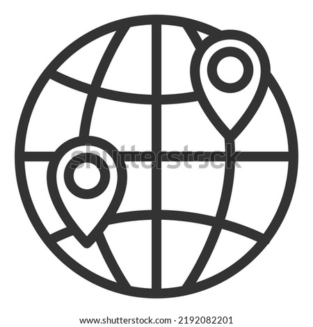 Globe and two location signs - dispatch and delivery - icon, illustration on white background, outline style