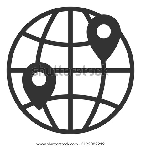 Globe and two location signs - dispatch and delivery - icon, illustration on white background, glyph style
