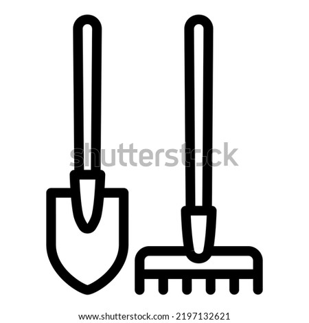 Shovel and rake for garden work - icon, illustration on white background, outline style