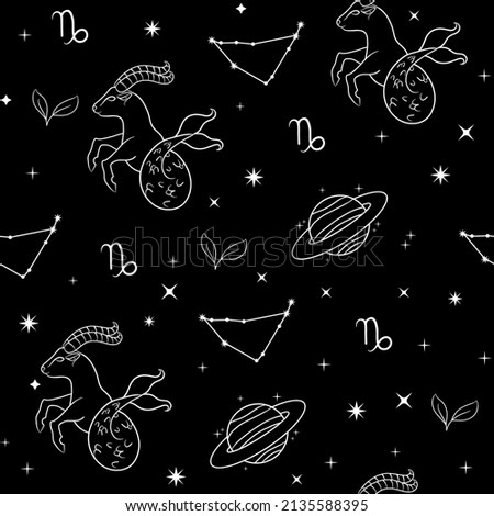 Seamless pattern. Vector illustration.
Capricorn zodiac sign. Constellation of capricorn. Planet, star, sign and element