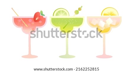 Margarita glass set. Alcoholic refreshing summer drinks. Strawberry alcoholic cocktail in glass. Daiquiri drink and lime slice. Cosmopolitan with lemon and ice. Flat vector illustration with gradient
