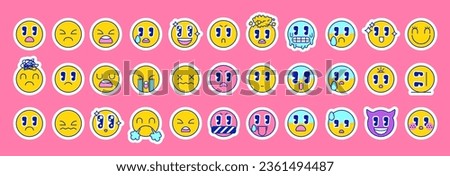 Vector set of bright emoji stickers in retro style. Cartoon emoji set with outline. Simple vibrant emotions sad and angry characters. Vintage icons sticker label in psychedelic style